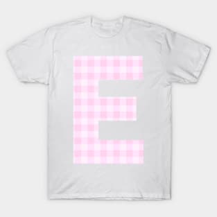 Pink Letter E in Plaid Pattern Background. T-Shirt